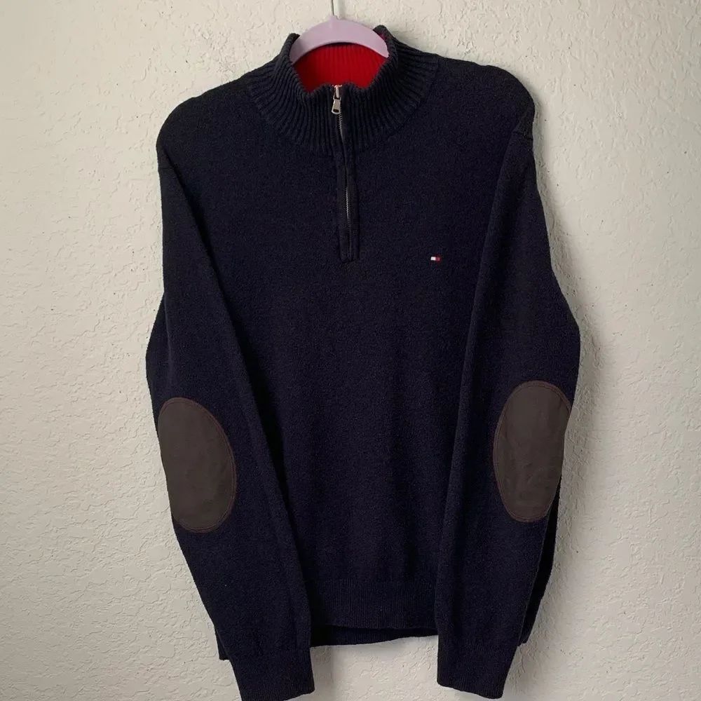 Tommy Hilfiger Lux Cotton Men's Navy Sweater with Elbow Patches Size L